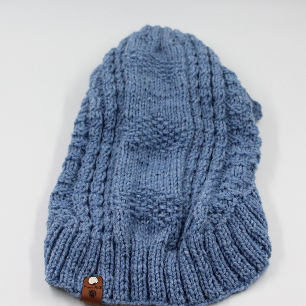 Handmade Hand Knit Acrylic Denim Blue Decor Cables & Hearts Dog Coat Sweater XS